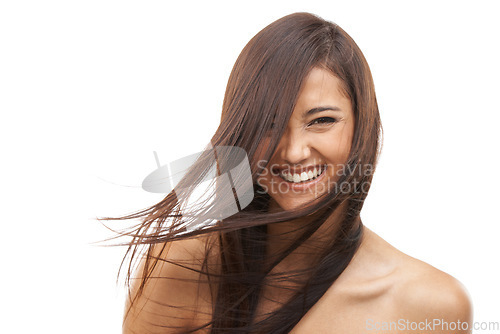 Image of Hair care, woman and portrait or excited in studio with keratin treatment, soft texture and shampoo shine. Model, Indian person and face with mockup, cosmetics and collagen glow on white background