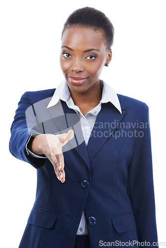 Image of Portrait, handshake and black woman with business offer, deal or b2b partnership. Face, shaking hands or professional with opportunity, intro or welcome greeting isolated on a white studio background