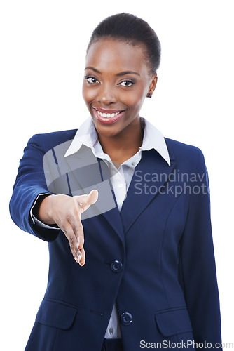 Image of Portrait, shaking hands and black woman with business offer, deal or b2b partnership. Face, handshake and happy professional with opportunity, intro and welcome isolated on a white studio background
