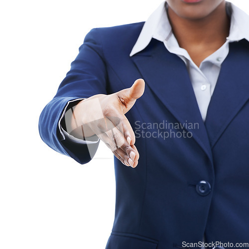 Image of Closeup, handshake and professional with business offer, deal or b2b partnership. Shaking hands, opportunity and person with introduction, welcome or greeting isolated on a white studio background