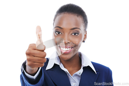 Image of Thumbs up, portrait and black woman with agreement in business with happiness in white background. African, entrepreneur and show thank you sign with hand for approval and emoji for like and yes