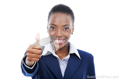 Image of Yes, thumbs up and portrait of black woman in business with agreement and happiness in white background. African, entrepreneur and show thank you sign with hand for approval in feedback or like emoji
