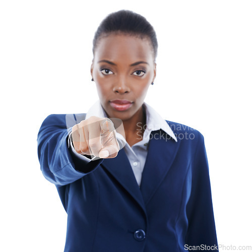 Image of Serious, black woman and portrait with pointing at you for recruitment in business on white background. Selection, decision and person in hr gesture with hand to join us with onboarding choice