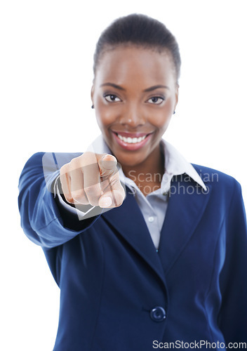 Image of Happy, black woman and portrait with pointing at you for hiring and recruitment in business on white background. Hr, decision and person gesture with invitation to join us from onboarding choice