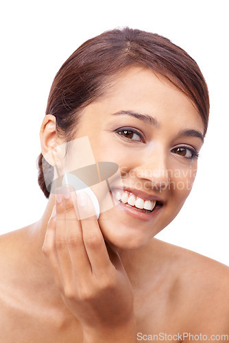 Image of Woman, cotton pad and beauty with portrait, face and model for makeup removal on white background. Happy, beautiful and headshot with shine, skincare or clean for glow, dermatology or toner