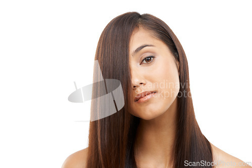 Image of Shiny, hair care and young woman in studio for cosmetic, salon and beauty treatment. Wellness, confident and portrait of female person with healthy hairstyle routine by white background with mockup.