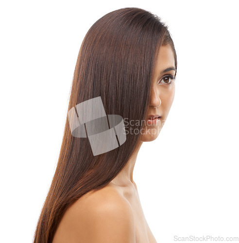 Image of Hair care, health and young woman in studio for cosmetic, salon and beauty treatment. Wellness, confident and female person with shiny, long and conditioner hairstyle routine by white background.