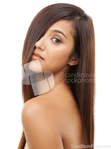 Image of Hair care, salon and portrait of woman in studio for cosmetic, wellness and beauty treatment. Health, confident and young female model with shiny conditioner hairstyle routine by white background.