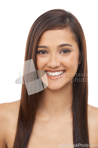 Image of Portrait, hair care and woman with volume, luxury and treatment isolated on a white studio background. Face, Indian person and model grooming for scalp, beauty or growth with shine, glow and wellness