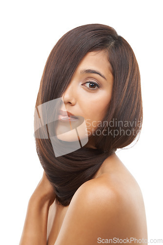 Image of Hair care, texture and young woman in studio for cosmetic, salon and beauty treatment. Wellness, confident and portrait of female person with healthy shiny hairstyle routine by white background.