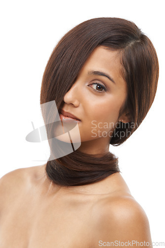 Image of Hair care, smile and portrait of young woman in studio for cosmetic, salon and beauty treatment. Happy, confident and model with healthy, conditioner and shiny hairstyle routine by white background.