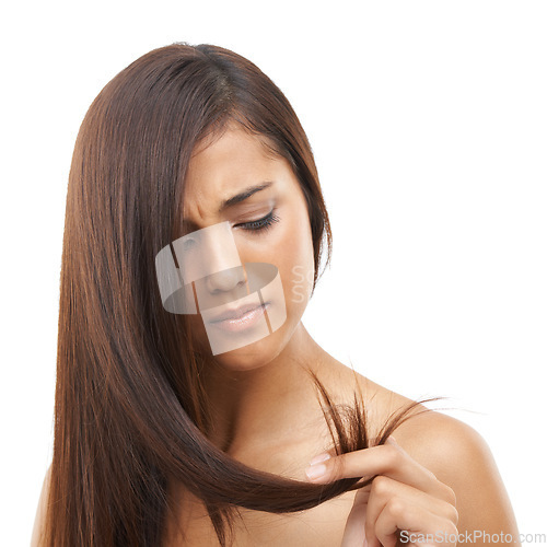 Image of Hair care, woman and stress in studio with hairstyle texture, treatment damage or keratin hairloss problem. Model, person and frustrated with salon split ends, cosmetics or growth on white background