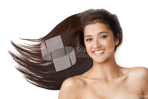 Image of Hair care, woman and portrait or beauty in studio with keratin treatment, soft texture and shampoo shine. Model, face and happy with hairstyle results, cosmetics and collagen glow on white background