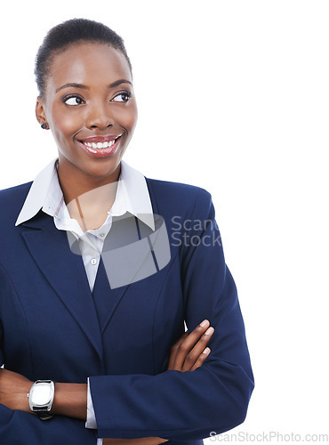 Image of Black woman, thinking and arms crossed with idea for business with lawyer in white background or mockup. Legal, solution and attorney smile for information to faq and problem solving with law