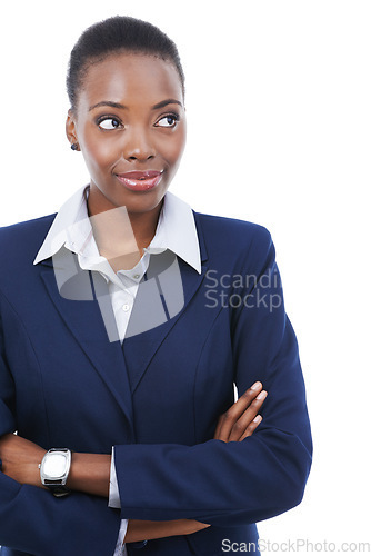 Image of Business, thinking and black woman with arms crossed in studio or lawyer in white background and mockup. Legal, question and attorney curious for information to faq and problem solving with law