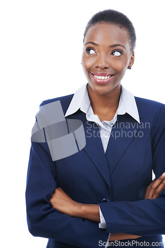 Image of African, happy woman and thinking of business with arms crossed and lawyer in white background of mockup. Legal, solution and attorney smile for information to faq and ideas for law in studio