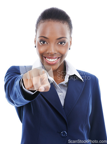 Image of Happy, black woman and portrait with pointing at you for recruitment in business on white background. Hiring, decision and human resources person gesture with hand to join us with onboarding choice