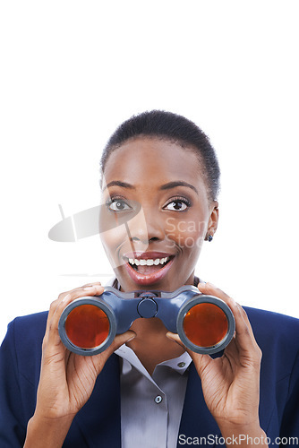 Image of Businesswoman, face and surprised with binocular in studio for opportunity, announcement or promotion. Entrepreneur, african person and shocked by good news on mock up space with white background