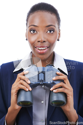 Image of Businesswoman, face and happy with binocular in studio for opportunity, announcement or search. Entrepreneur, african person and surprised by good news on mock up space with white background