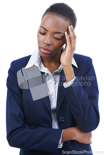 Image of Business, woman and headache in studio with burnout, stress or mental health for career overwork. Entrepreneur, african person and migraine from corporate fatigue, tired or strain on white background