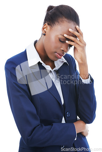 Image of Business, woman and headache in studio with mental health, burnout or stress for career overwork. Entrepreneur, african person and migraine from corporate fatigue, tired or strain on white background