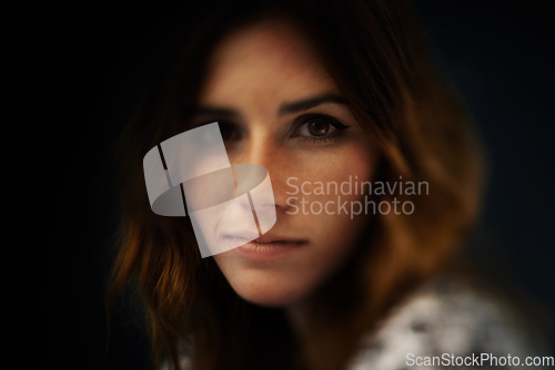 Image of Cosmetic, beauty and portrait of woman in studio with natural, makeup and self care routine. Glow, smile and face of young female person with facial cosmetology treatment by dark black background.