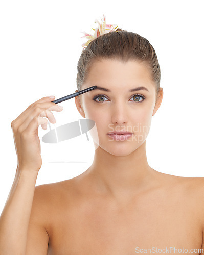 Image of Makeup, portrait and woman with eyebrow pencil in studio for drawing, filler or shadow on white background. Beauty, tools and face of female model with brow shade pen for microblading, shape or tint