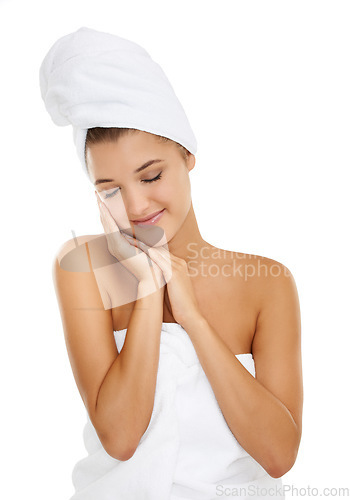 Image of Towel, beauty and relax woman with satisfaction for cosmetics, aesthetic makeup and facial collagen. Bathroom, eyes closed and model happy for skincare shine, hygiene or grooming on white background