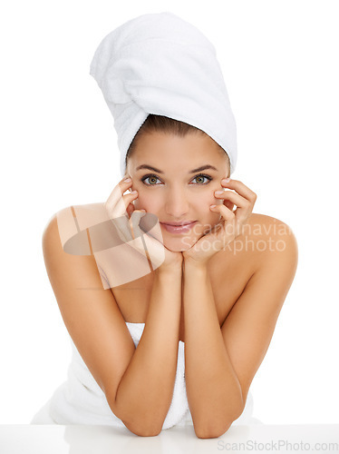 Image of Towel, cosmetics studio and portrait of woman for morning routine, self care treatment or grooming. Skincare, relax and person clean from wash, hygiene bath or wellness shower on white background