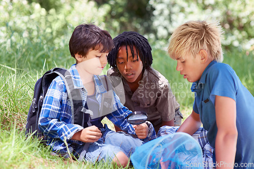 Image of Children, camping and magnifying glass on grass outdoor and learning in nature on weekend and adventure in woods. Boys, diversity or bonding in forest for fresh air or education in cape town by trees