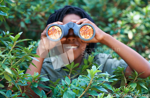 Image of Nature trees, binocular and child watch wilderness view on adventure, outdoor exploration or bird watching trip. Spy, bush leaves and kid on sightseeing search in tropical forest, woods or jungle