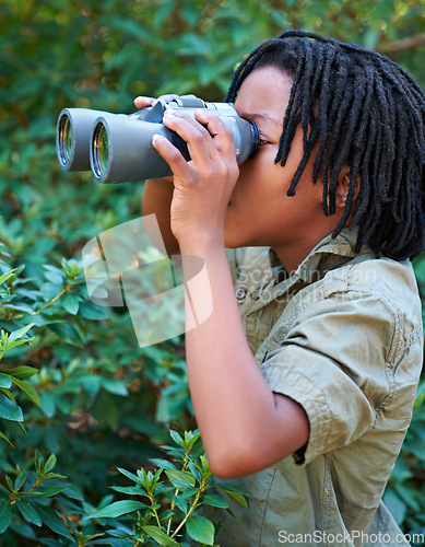 Image of Nature trees, binocular and black kid watch wilderness view on adventure, outdoor exploration or camping trip. Sustainable forest, hiking tour and child search for destination in eco friendly woods