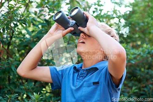 Image of Boy, child with binoculars and surprise, search in nature for learning and fun, forest and adventure at summer camp. Young camper, leaves and trees, explore environment outdoor and wow for discovery