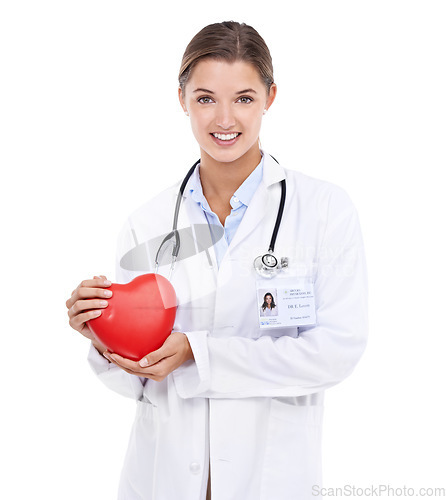 Image of Happy woman, portrait or nurse with heart or smile in studio on white background for help or wellness. Red shape, proud or doctor with medical healthcare, support or kindness for love symbol or sign