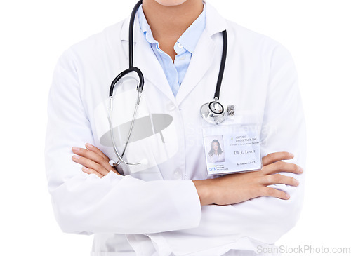 Image of Doctor, hands or arms crossed in studio with confidence in medical career as cardiologist. Proud person, coat or body of medicine consultant with name tag or healthcare isolated on white background