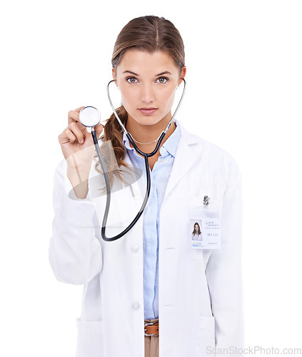 Image of Check, stethoscope or portrait of doctor in studio for healthcare examination on white background. Woman, cardiovascular or serious nurse ready to start consultation, exam or help for wellness