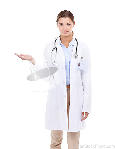 Image of Palm of woman, advertising or portrait of doctor with mockup space isolated on white background. Help, offer or hand of nurse in studio to show medical healthcare information, service or advice