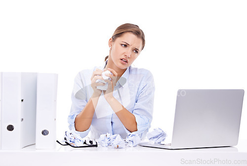 Image of Frustrated, angry and businesswoman with paper for administration, report or web research. Crush, studio or female employee at table with stress, folders and laptop at desk job on white background