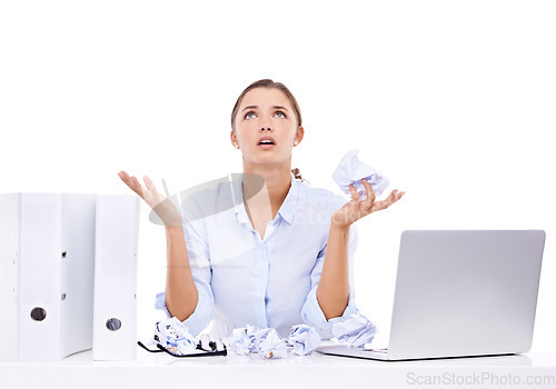 Image of Frustrated, stress and businesswoman with paper for administration, report or web research. Crush, studio or angry employee at table with anxiety, folders and laptop at desk job on white background