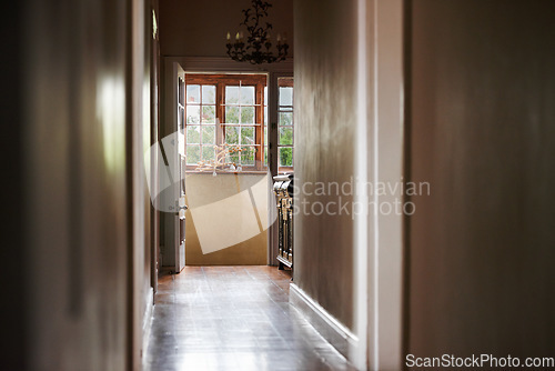 Image of Corridor, hallway and design architecture in home with empty space, wooden floor and minimalist decoration. Room, apartment or hotel doorway with residential entrance, building interior and layout