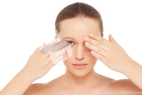 Image of Skincare, cover eyes and portrait of woman on a white background for wellness, cosmetics and facial. Dermatology, salon and isolated face of person with healthy skin, beauty and aesthetic in studio