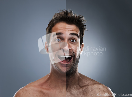 Image of Man, beard and face shave or excited for improvement in studio for wellness, comparison or grey background. Male person, portrait and hair removal for before and after, transformation or mockup space