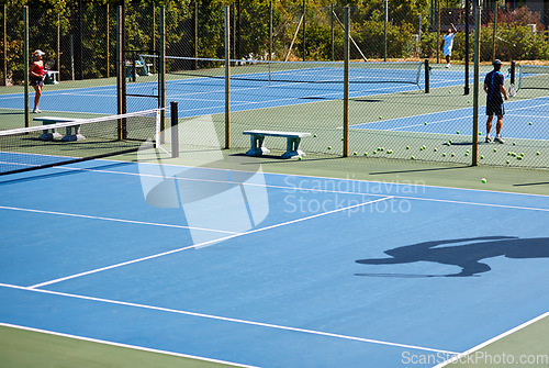 Image of Floor, sports or people on tennis court for training, outdoor exercise or competitive match in summer. Shadow, athletes or workout for health or fitness with wellness on the ground ready for a game