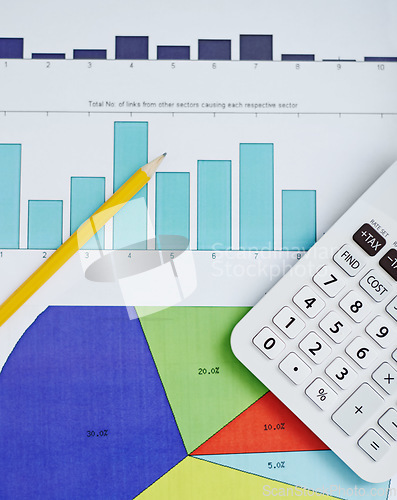 Image of Statistics, calculator and documents or background for data analytics, financial review and planning of revenue, profit or sales. Pie chart, graphs and charts or numbers in accounting, math or budget