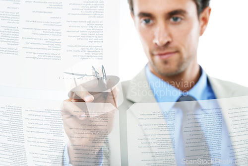 Image of Businessman, contract and digital signature or documents for agreement on a white studio background. Man or employee and pen writing on overlay or hologram for reading, policy or futuristic interface