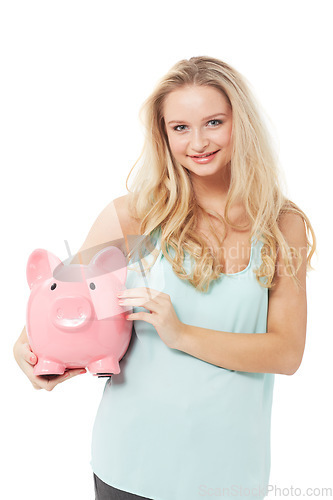 Image of Woman, piggy bank and finance or happy in studio with cash investment, financial growth or portrait. Person, money box and budget or banking for increase or income on white background with smile