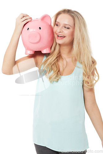 Image of Happy, piggy bank and woman on a white background for money, savings and investment in studio. Finance mockup, cash container and excited isolated person smile for budget, investment and profit