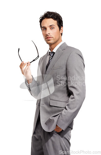Image of Serious, lawyer and portrait of man with glasses in white background of studio with suit for corporate career. Attorney, businessman and assertive professional entrepreneur with confidence in the law