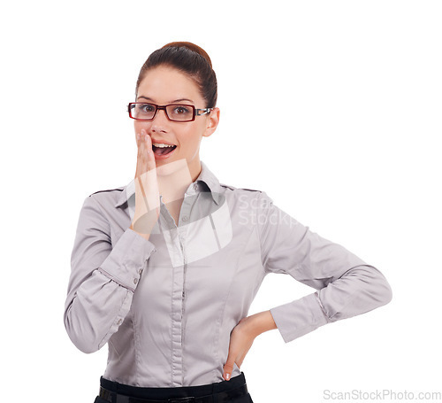 Image of Business woman, portrait and shocked in studio for information, gossip or news on a white background. Professional worker or model with surprise, secret and whisper for confidential intel and wow