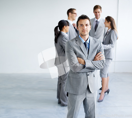 Image of Business people, arms crossed and portrait of serious man, lawyer or team leader pride, law firm career or job experience. Mockup space, management and advocate collaboration on brainstorming meeting